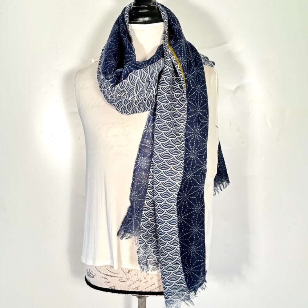 NWOT Long wool scarf with grey, white blue star, wave patterns